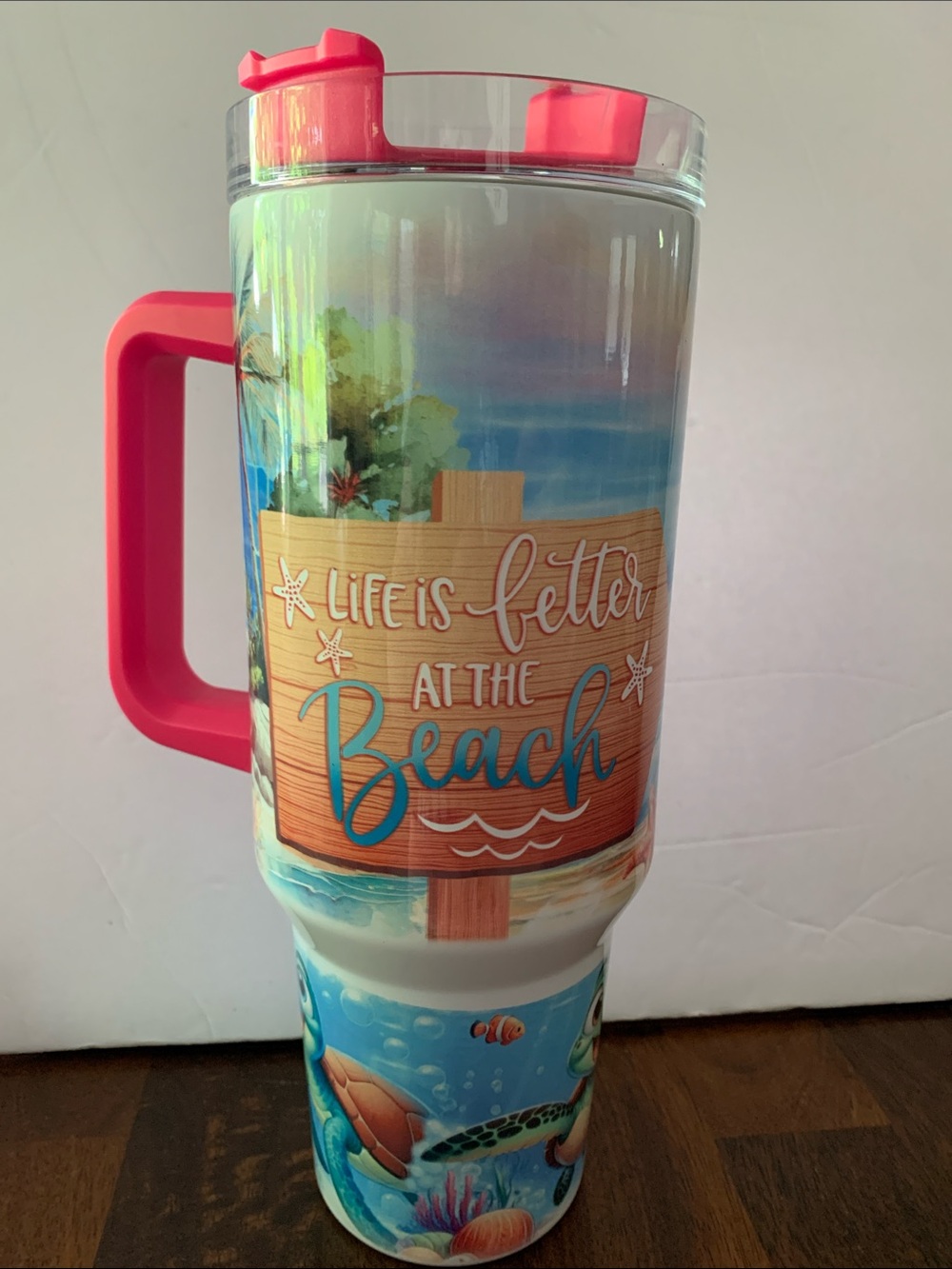 Life Is Better at the Beach Travel Tumbler with Handle - Pink Accent w/straw